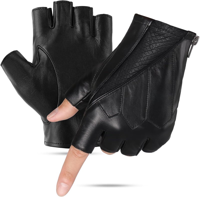 GSG SINCE 1998 Men's Fingerless Leather Gloves - Genuine Sheepskin Half Finger Driving Gloves, Unlined for Summer, Black, Size L - Image 1