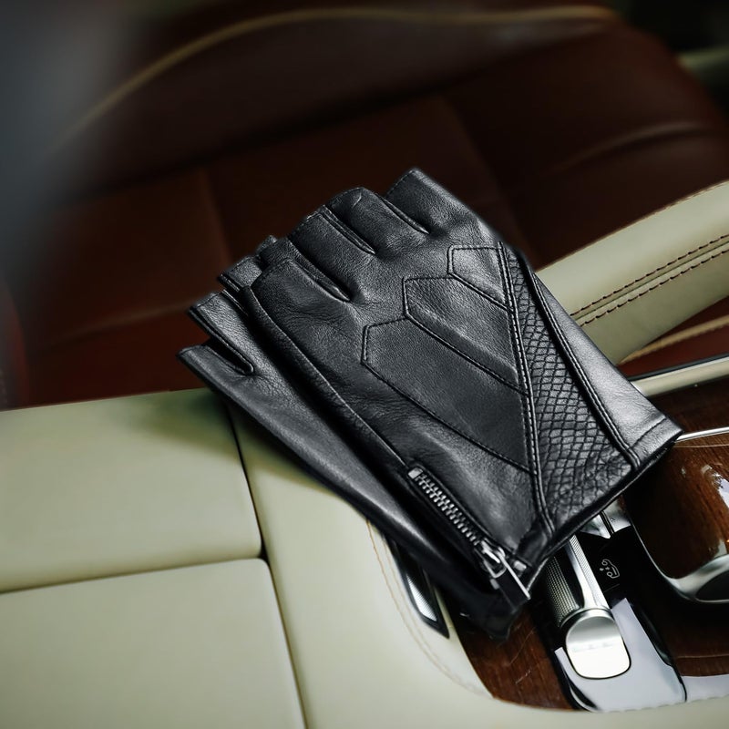 GSG SINCE 1998 Men's Fingerless Leather Gloves - Genuine Sheepskin Half Finger Driving Gloves, Unlined for Summer, Black, Size L - Image 5