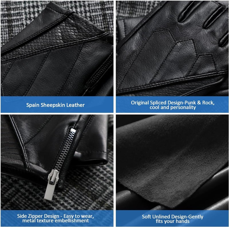 GSG SINCE 1998 Men's Fingerless Leather Gloves - Genuine Sheepskin Half Finger Driving Gloves, Unlined for Summer, Black, Size L - Image 4