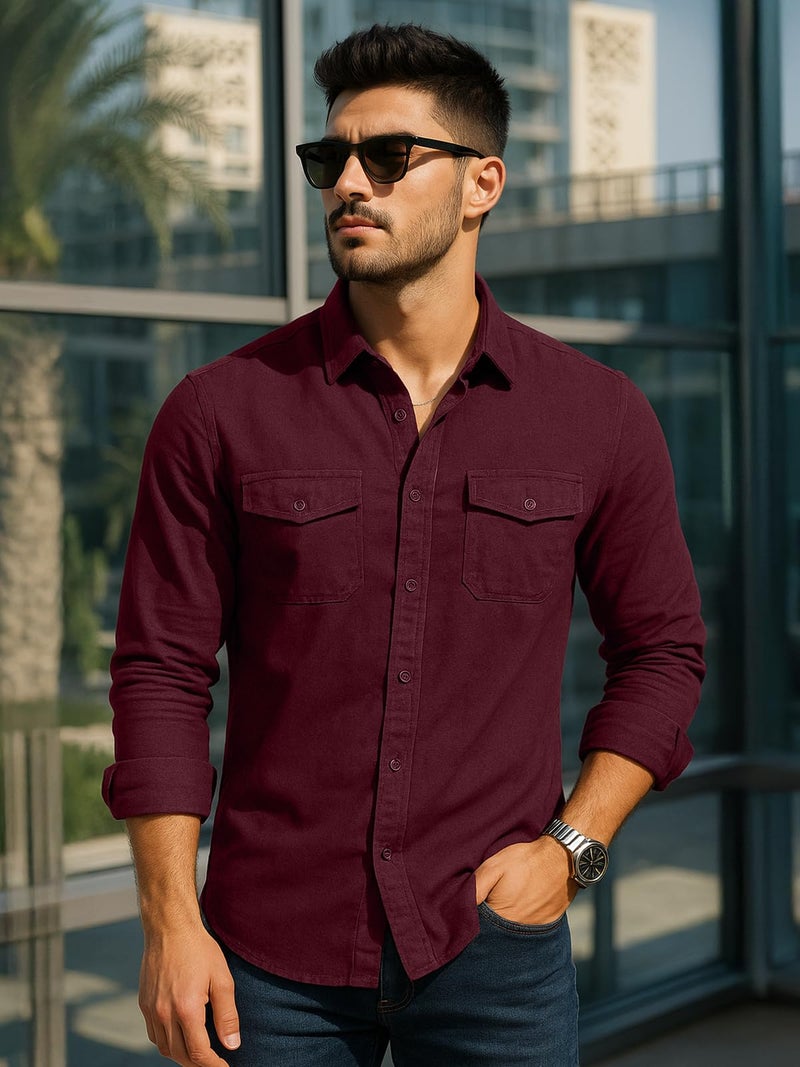 Veirdo® Men's Pure Cotton Utility Shirt | Full Sleeve Casual Button-Down with Dual Chest Pockets | Stylish & Comfortable Everyday Wear | VD_FS_RC_SH_MRN_M Maroon - Image 2