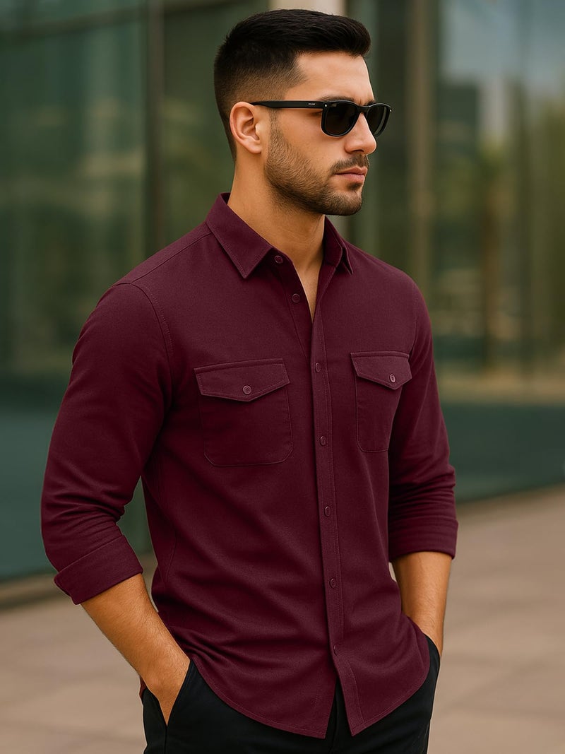 Veirdo® Men's Pure Cotton Utility Shirt | Full Sleeve Casual Button-Down with Dual Chest Pockets | Stylish & Comfortable Everyday Wear | VD_FS_RC_SH_MRN_M Maroon - Image 4