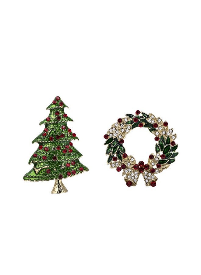 YOQUCOL 2 Pieces Christmas Brooch Pins Set For Women,Christmas Tree Brooch,Elk Wreath Brooch - Image 1