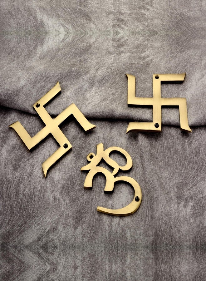 DEVDECOR Brass DEVDECOR, OM & Swastik Sculptures for Wall Hanging Decorative/Set of 3 Pcs. (2 pcs of swastik, 1 pcs of OM), Antique Yellow - Image 2