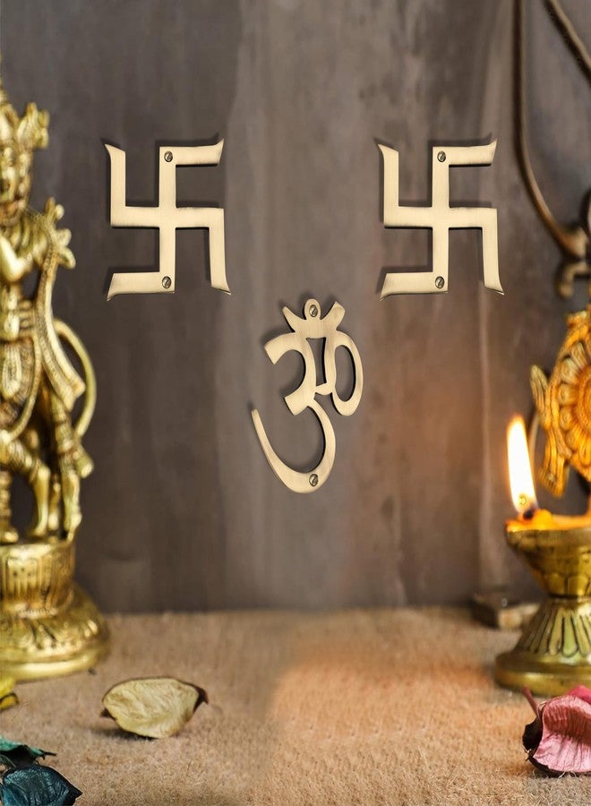 DEVDECOR Brass DEVDECOR, OM & Swastik Sculptures for Wall Hanging Decorative/Set of 3 Pcs. (2 pcs of swastik, 1 pcs of OM), Antique Yellow - Image 1