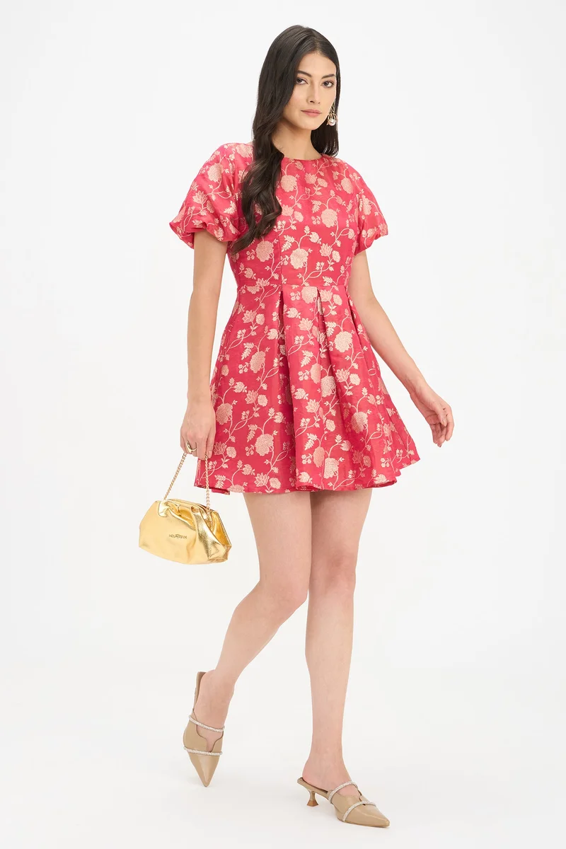 Virgio Ethnic Motifs Viscose Puff Sleeves Mini Dress for Women