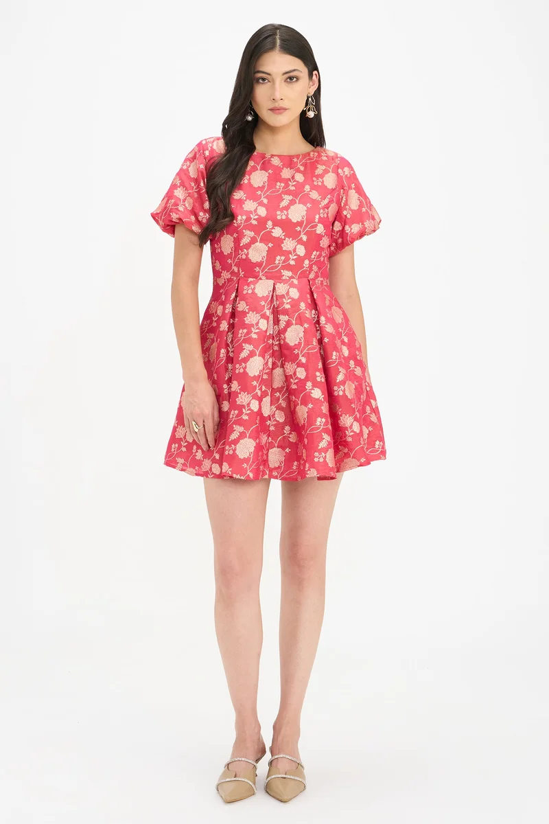 Virgio Ethnic Motifs Viscose Puff Sleeves Mini Dress for Women