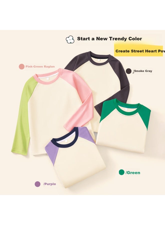 Pepco Girls' Long Sleeve T-shirt Spring And Autumn Thin Color Block Top Cotton Base Shirt New Pink Green 110 - Image 1