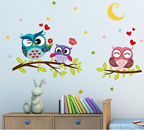 BIBITIME Night Moon Star Sky Wall Sticker Love Family Owls on The Tree Branch Wall Decal for Nursery Bedroom Kids Room Decor2519 x 1692