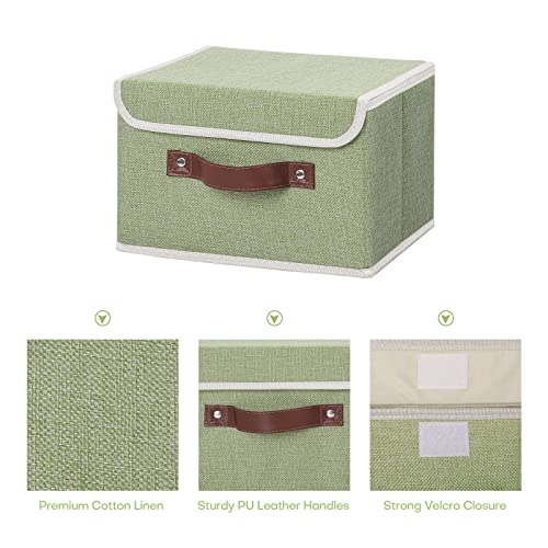 ANMINY Storage Bin with Lid Storage Boxes with PU Leather Handles PP Plastic Board Decorative Foldable Lidded Cotton Linen Fabric Home Cubes Baskets Closet Organizer Container - Green, Small Size - Image 3