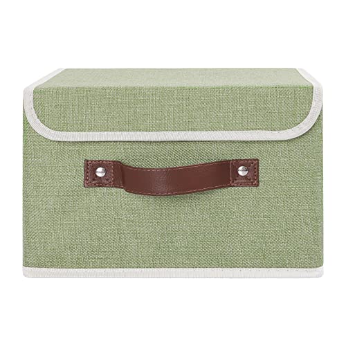 ANMINY Storage Bin with Lid Storage Boxes with PU Leather Handles PP Plastic Board Decorative Foldable Lidded Cotton Linen Fabric Home Cubes Baskets Closet Organizer Container - Green, Small Size - Image 2