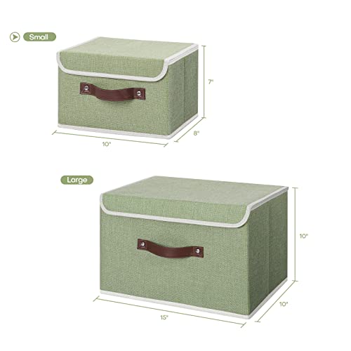 ANMINY Storage Bin with Lid Storage Boxes with PU Leather Handles PP Plastic Board Decorative Foldable Lidded Cotton Linen Fabric Home Cubes Baskets Closet Organizer Container - Green, Small Size - Image 5