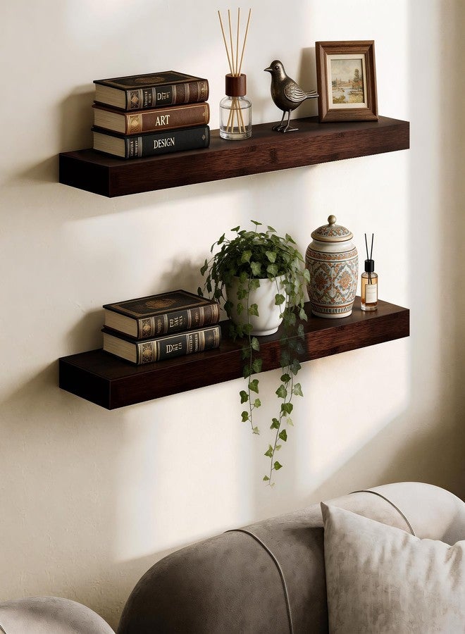 BAMEOS Solid Bamboo Floating Shelves, Set of 2 with Invisible Brackets, Natural Wood Grain Decor for Living Room, Bedroom, Kitchen, Bathroom & Office Storage - Image 1