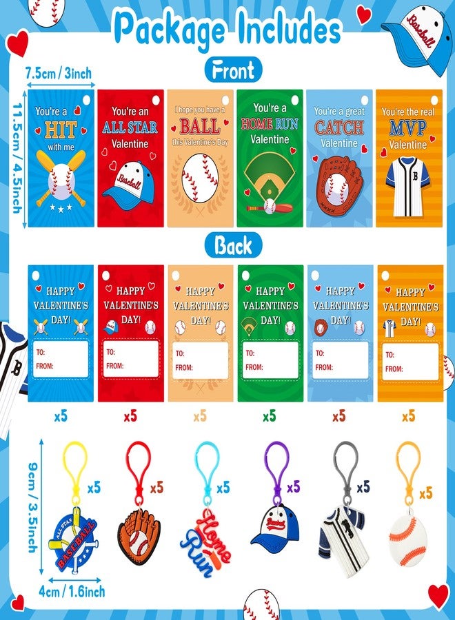 Haooryx Valentine's Day Gift Card with Baseball Keychain - 30 Pack Cute Baseball Keychain with Greeting Card Sport Key Ring for Kid Classroom Exchange Gift Student Reward Sport Game Prizes Party Favor - Image 2