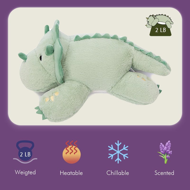 KOWSIÂ® Microwavable 2 LB Weighted Stuffed Triceratops Animals Plush - 16 Inch Heated Dinosaur Plushie for Warmth & Comfort - Light Green Dino Squished Pillow - Cute Soft Toy for Adults & Children - Image 2
