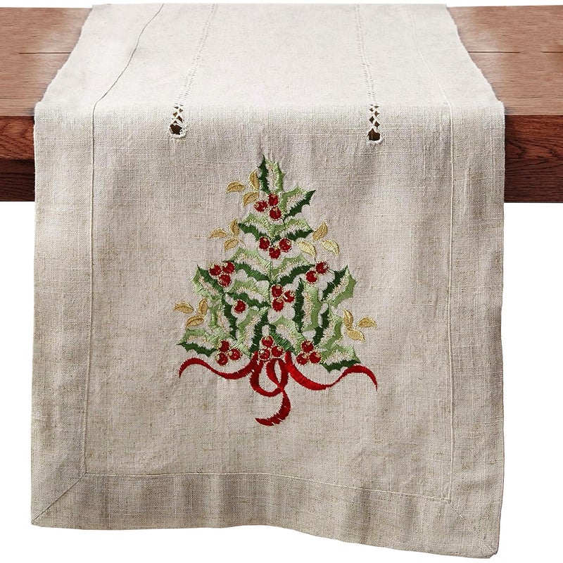 Saro Lifestyle SARO LIFESTYLE 60041N1690B Holly Collection Christmas Tree Embroidered Table Runner 16x90 Natural