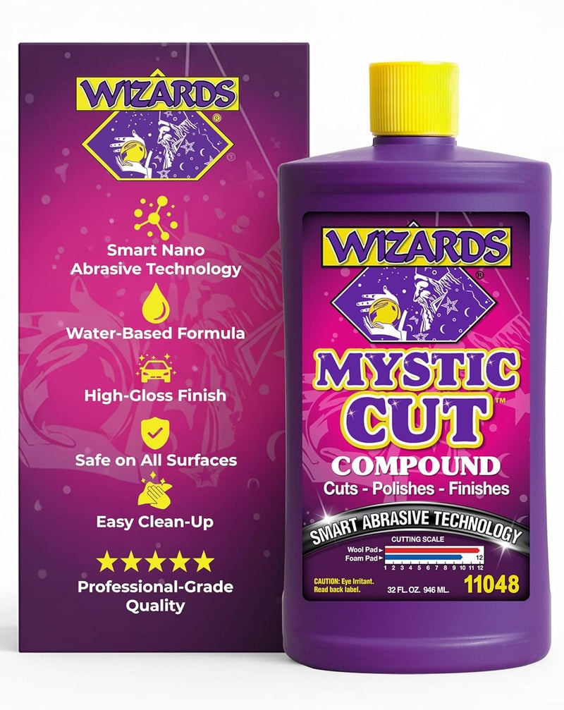 WIZARDS Mystic Cut Smart Abrasive for Auto Detailing Supplies - No Mess Scratch Remover for Vehicles - Water Based Cutting Compound - Removes Swirls, Defects, Fading, Water Spots - 32 oz - Image 1