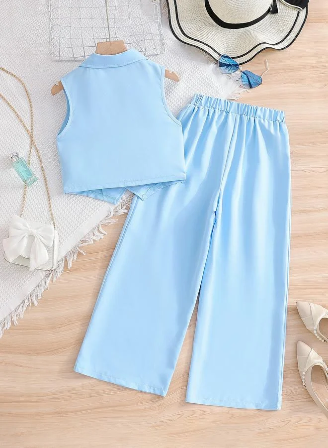 Take Two Take Two Solid Button Up Vest and Wide Leg Pants Set