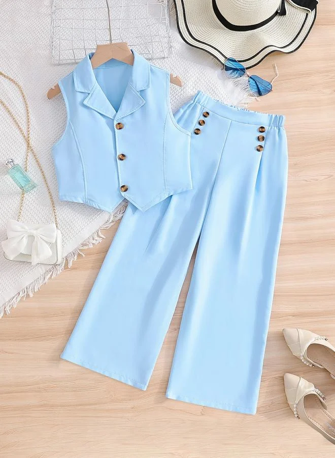 Take Two Take Two Solid Button Up Vest and Wide Leg Pants Set
