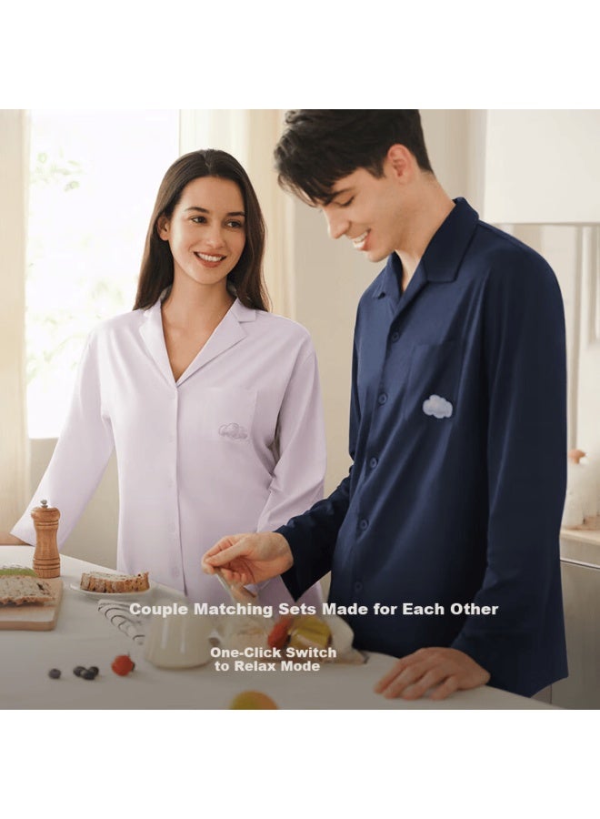 Ubras Cloud Cotton Herbal Classic Open Front Soft Cotton Underwear Homewear Men's Couple Pajama Set Milk Salt Blue L - Image 3
