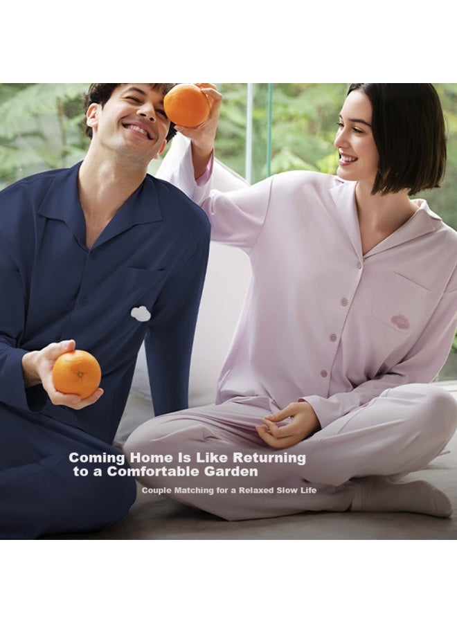 Ubras Cloud Cotton Herbal Classic Open Front Soft Cotton Underwear Homewear Men's Couple Pajama Set Milk Salt Blue L - Image 2