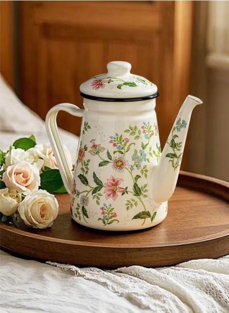 1pc Enamel Coffee Pot,Floral Pattern Pour-Over Kettle,1.1L Large Capacity Coffee Pot,Handle Pot Coffee Pot Narrow Mouth Oil Pot Boiling Pot,Home Boiling Pot, Tea Pot,Suitable For Electric Stove Gas Brewing Coffee Or Tea - Image 5