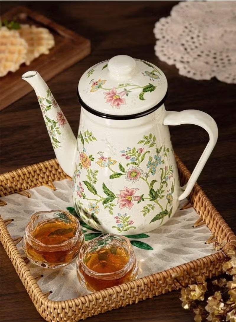 1pc Enamel Coffee Pot,Floral Pattern Pour-Over Kettle,1.1L Large Capacity Coffee Pot,Handle Pot Coffee Pot Narrow Mouth Oil Pot Boiling Pot,Home Boiling Pot, Tea Pot,Suitable For Electric Stove Gas Brewing Coffee Or Tea - Image 3