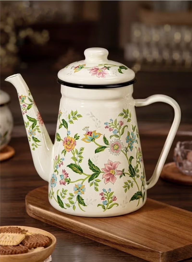 1pc Enamel Coffee Pot,Floral Pattern Pour-Over Kettle,1.1L Large Capacity Coffee Pot,Handle Pot Coffee Pot Narrow Mouth Oil Pot Boiling Pot,Home Boiling Pot, Tea Pot,Suitable For Electric Stove Gas Brewing Coffee Or Tea - Image 1