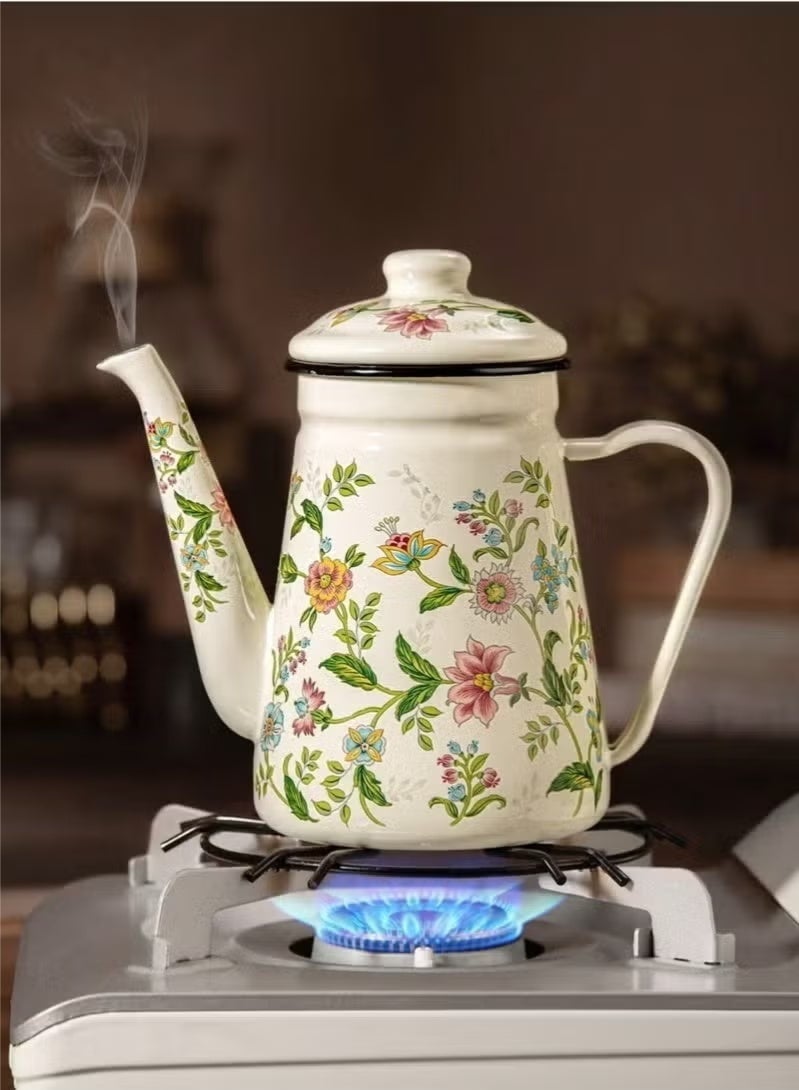 1pc Enamel Coffee Pot,Floral Pattern Pour-Over Kettle,1.1L Large Capacity Coffee Pot,Handle Pot Coffee Pot Narrow Mouth Oil Pot Boiling Pot,Home Boiling Pot, Tea Pot,Suitable For Electric Stove Gas Brewing Coffee Or Tea - Image 2