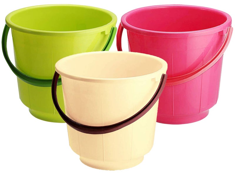 Kuber Industries 3 Pieces Unbreakable Strong Plastic Bathroom Bucket 13 LTR Green Pink Cream CTKTC43003 - Image 1