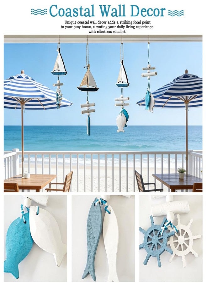 Liyujuping 4pcs Wooden Coastal Wall Decor, Hanging Beach Wall Art with Fish & Sailboat, Nautical Wall Decor for Bedroom, Ocean Themed Bathroom Decoration - Image 5