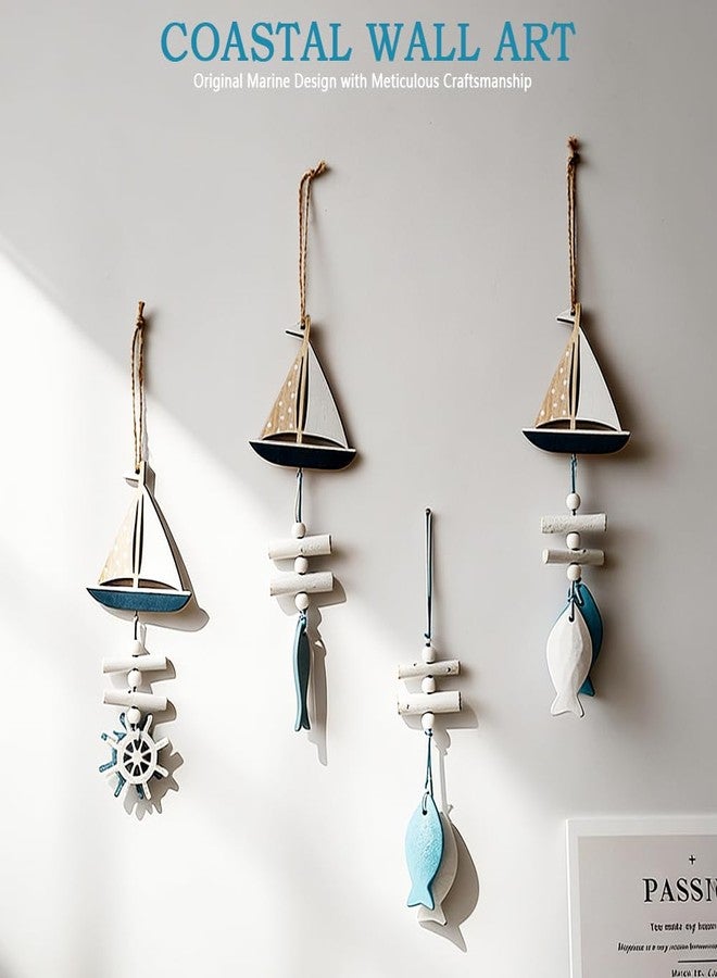 Liyujuping 4pcs Wooden Coastal Wall Decor, Hanging Beach Wall Art with Fish & Sailboat, Nautical Wall Decor for Bedroom, Ocean Themed Bathroom Decoration - Image 2