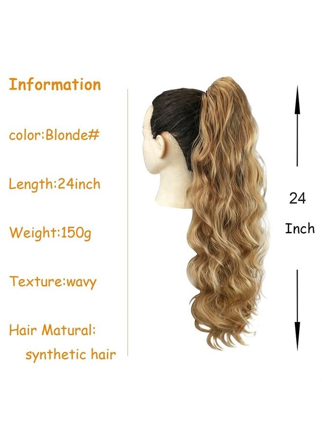 KETHBE 24 Inch Long Body Wave Ponytail hair Extension Synthetic Heat Resistant Wrap Around Drawstring Curly Wavy Ponytail Hairpieces for Women(Blonde Mix Brown)  - Image 2