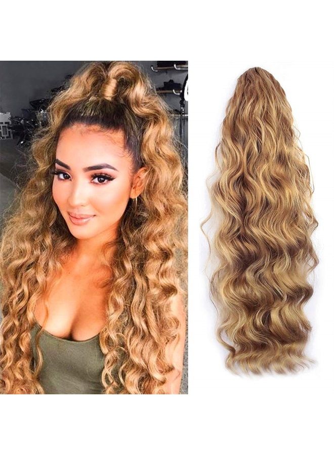 KETHBE 24 Inch Long Body Wave Ponytail hair Extension Synthetic Heat Resistant Wrap Around Drawstring Curly Wavy Ponytail Hairpieces for Women(Blonde Mix Brown)  - Image 1
