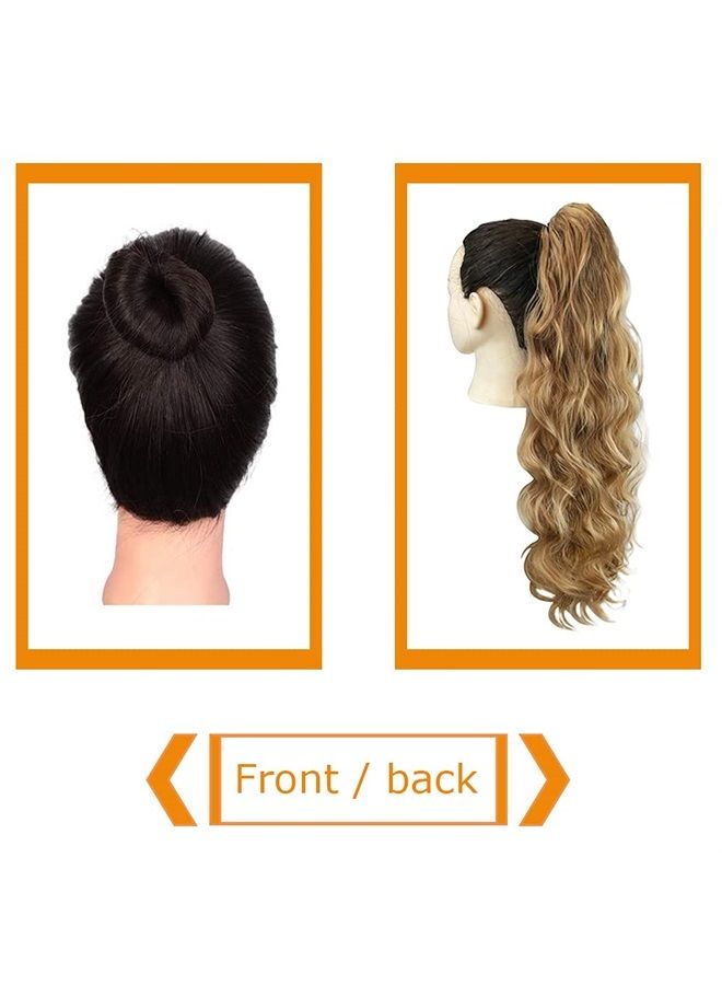 KETHBE 24 Inch Long Body Wave Ponytail hair Extension Synthetic Heat Resistant Wrap Around Drawstring Curly Wavy Ponytail Hairpieces for Women(Blonde Mix Brown)  - Image 4