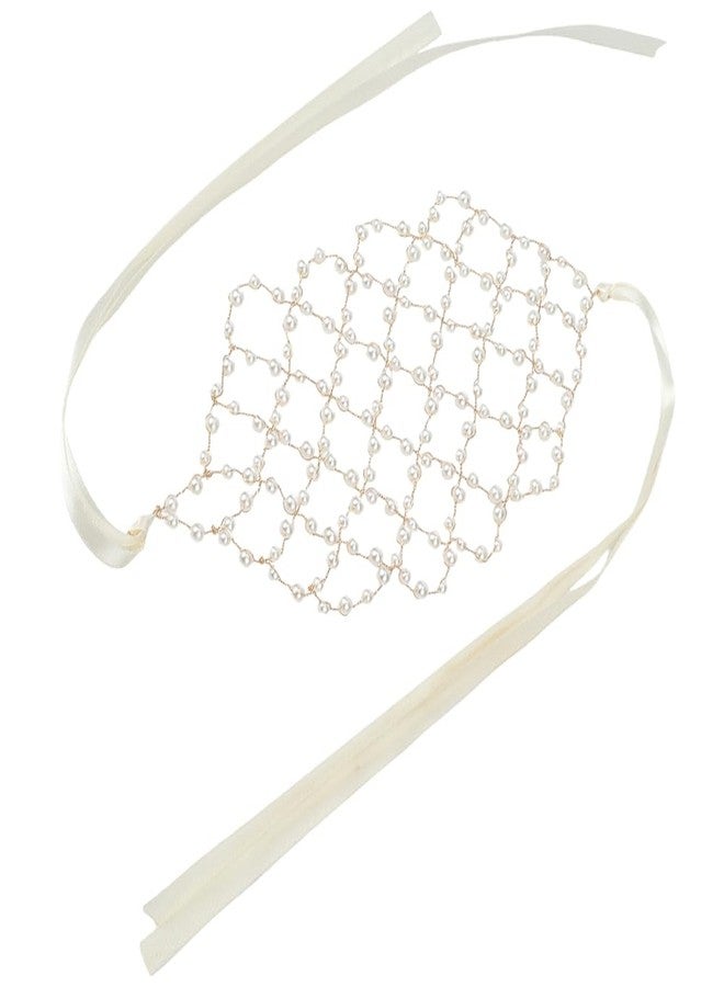 CABODYALS Faux Pearl Beads Bridal Headpiece White Gold Handmade Vintage Boho Flower Pearls Fairy Bead Mesh Headband Wedding Crystal Jewelry Hair Vine Headbands for Women Dress Birthday Party Accessory - Image 1