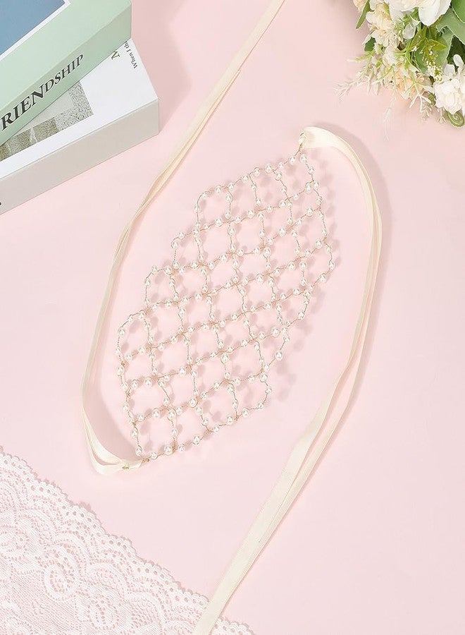 CABODYALS Faux Pearl Beads Bridal Headpiece White Gold Handmade Vintage Boho Flower Pearls Fairy Bead Mesh Headband Wedding Crystal Jewelry Hair Vine Headbands for Women Dress Birthday Party Accessory - Image 3