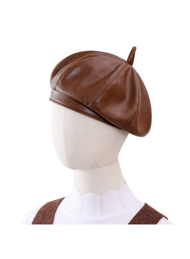 Leather beret, vintage solid color painter, personalized spring/summer sun hat for girls to wear when going out(Coffee) - Image 2