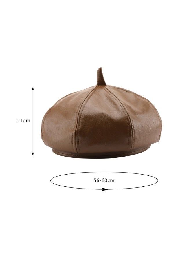 Leather beret, vintage solid color painter, personalized spring/summer sun hat for girls to wear when going out(Coffee) - Image 3