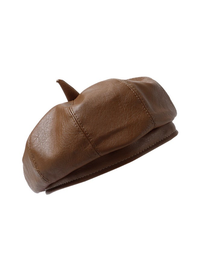 Leather beret, vintage solid color painter, personalized spring/summer sun hat for girls to wear when going out(Coffee) - Image 1