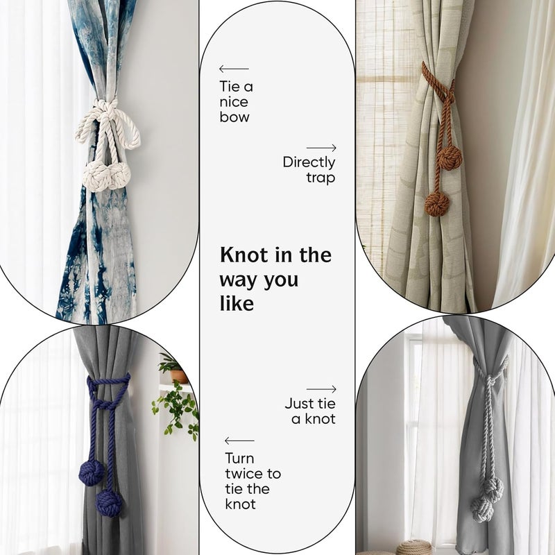 JAZLOG (JAZLOG5664) Boho Curtain Tiebacks with Natural Cotton Rope, 2 Pieces, Beige Black Curtain Curtains with Voile Tie Unique Curtain Ties Designer Grey Tie Ways to Simple Tieback Hooks no Drill - Image 4