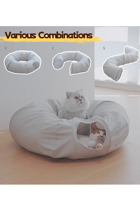 Donut Shaped Foldable Cat Tunnel Bed with Entry Holes and Toys