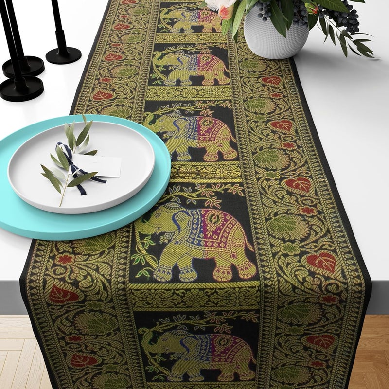 E Ezra 100 Brocade Silk Table Runner Suitable for 4 6 Seater 70 by 12 Dining Table Runner Center Table Runner Elephant V Head Gold Tassels Black