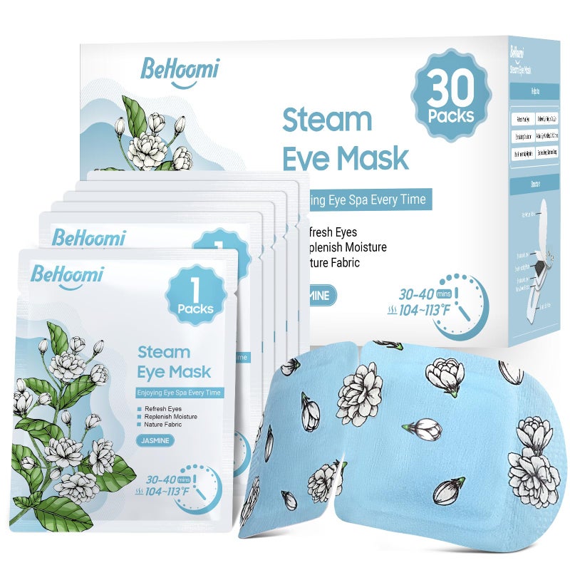 BeHoomi 30Packs Steam Eye Mask, Heated Eye Mask Warm Compress for Eyes, Self Heating Disposable Steam Mask for Home Sleep, Spa, Travel Essentials & Relaxation Gifts, Stocking Stuffers (Jasmine) - Image 1