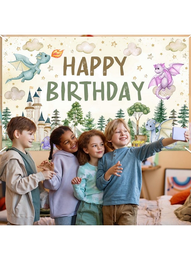 Avezano Dragon Birthday Decorations Dragon Happy Birthday Backdrop Watercolor Castle Dragons Bday Party Banner 6 x 3.6 ft - Image 4
