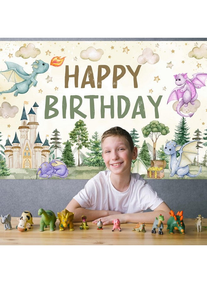 Avezano Dragon Birthday Decorations Dragon Happy Birthday Backdrop Watercolor Castle Dragons Bday Party Banner 6 x 3.6 ft - Image 5