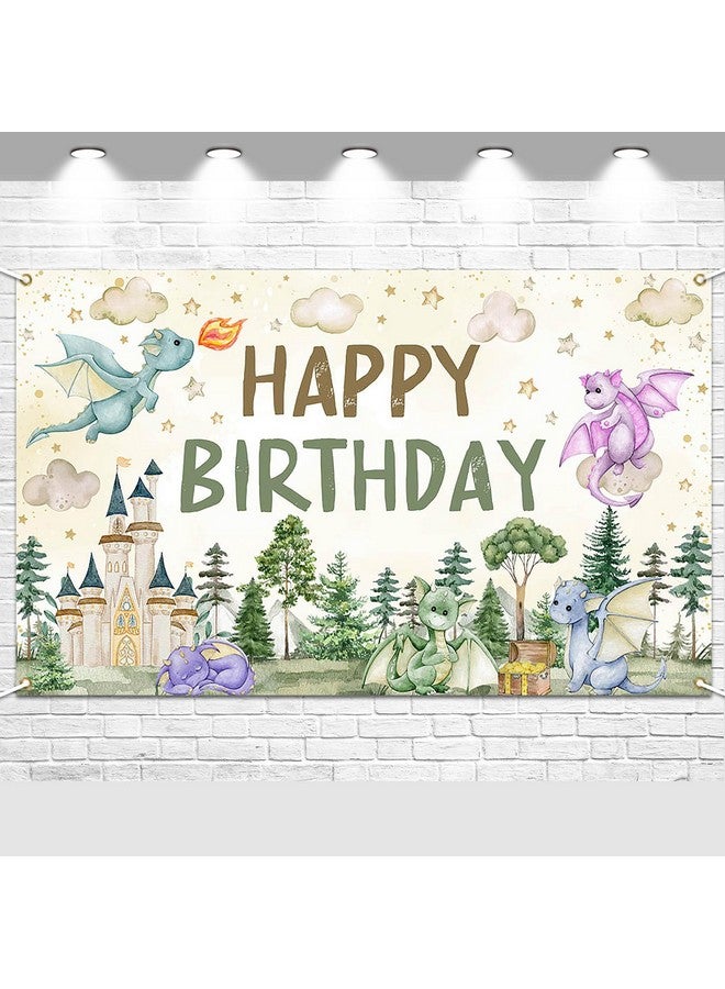 Avezano Dragon Birthday Decorations Dragon Happy Birthday Backdrop Watercolor Castle Dragons Bday Party Banner 6 x 3.6 ft - Image 1