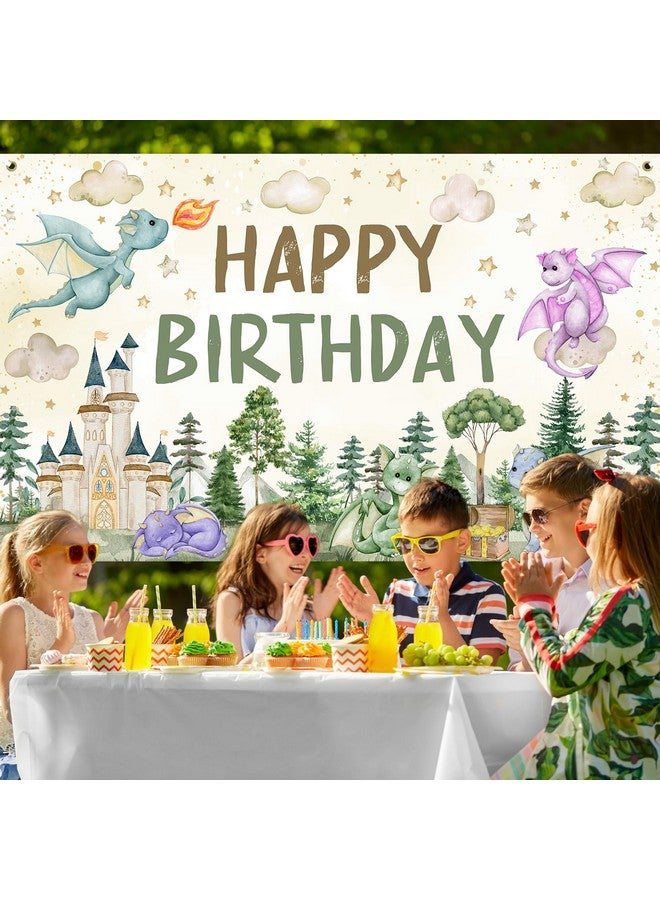 Avezano Dragon Birthday Decorations Dragon Happy Birthday Backdrop Watercolor Castle Dragons Bday Party Banner 6 x 3.6 ft - Image 3