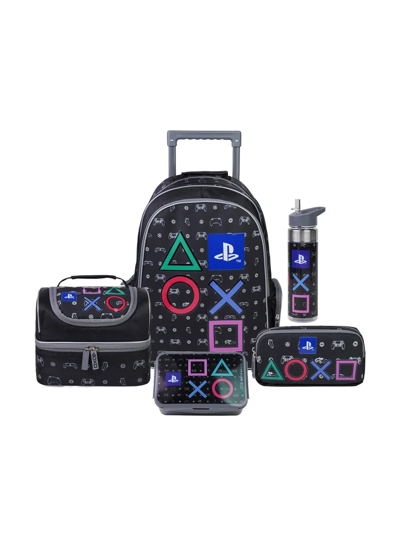 سوني Sony PlayStation Premium 5-in-1 Kids Trolley School Set 18" | Rolling Backpack, Lunch Bag, Lunch Box, Water Bottle & Pencil Case | Boys School Bag