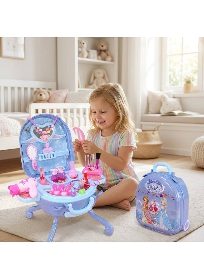 Kids Princess Makeup Vanity Suitcase | Portable Rolling Pretend Play Dressing Table with Telescopic Handle, Makeup Accessories & Storage Case | Gift for Girls Ages 4+ - Image 2