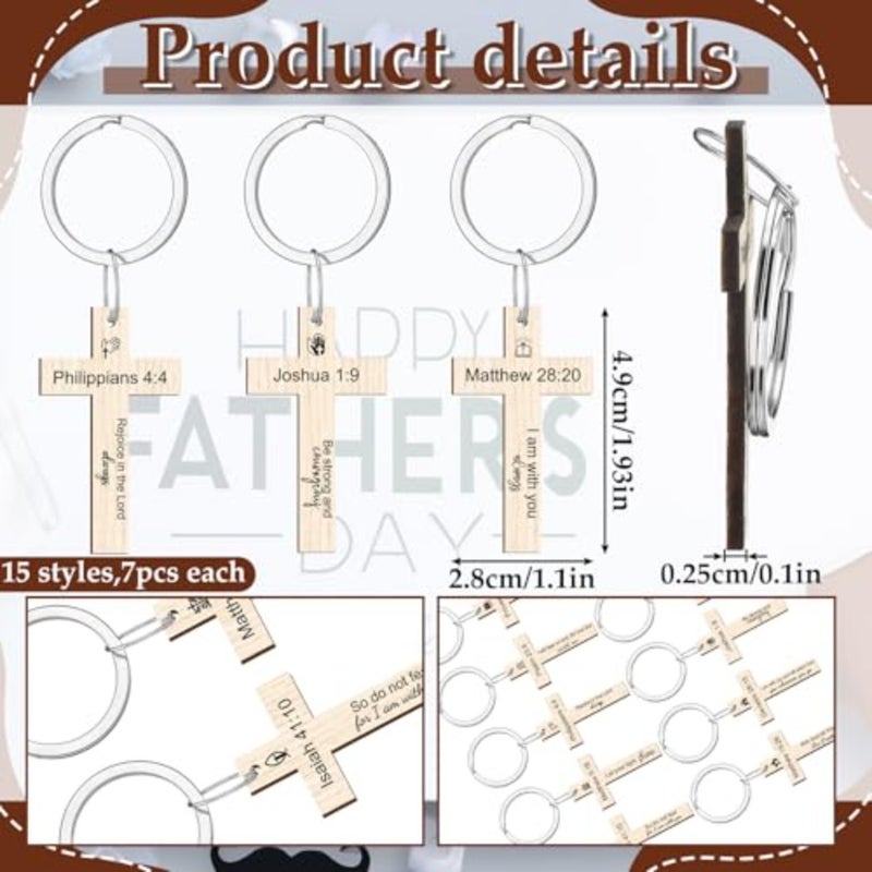 105 Pcs Father's Day Church Gift Bulk Cross Keychain Bible Verse Keychains Blessed Dad 15 Styles Scripture Wooden Keychain Religious Inspirational Gifts Christian Party Favors - Image 3